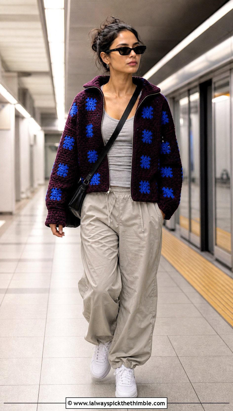 Zip Front Granny Square Jacket With Parachute Pants - 25 granny square jacket outfit ideas