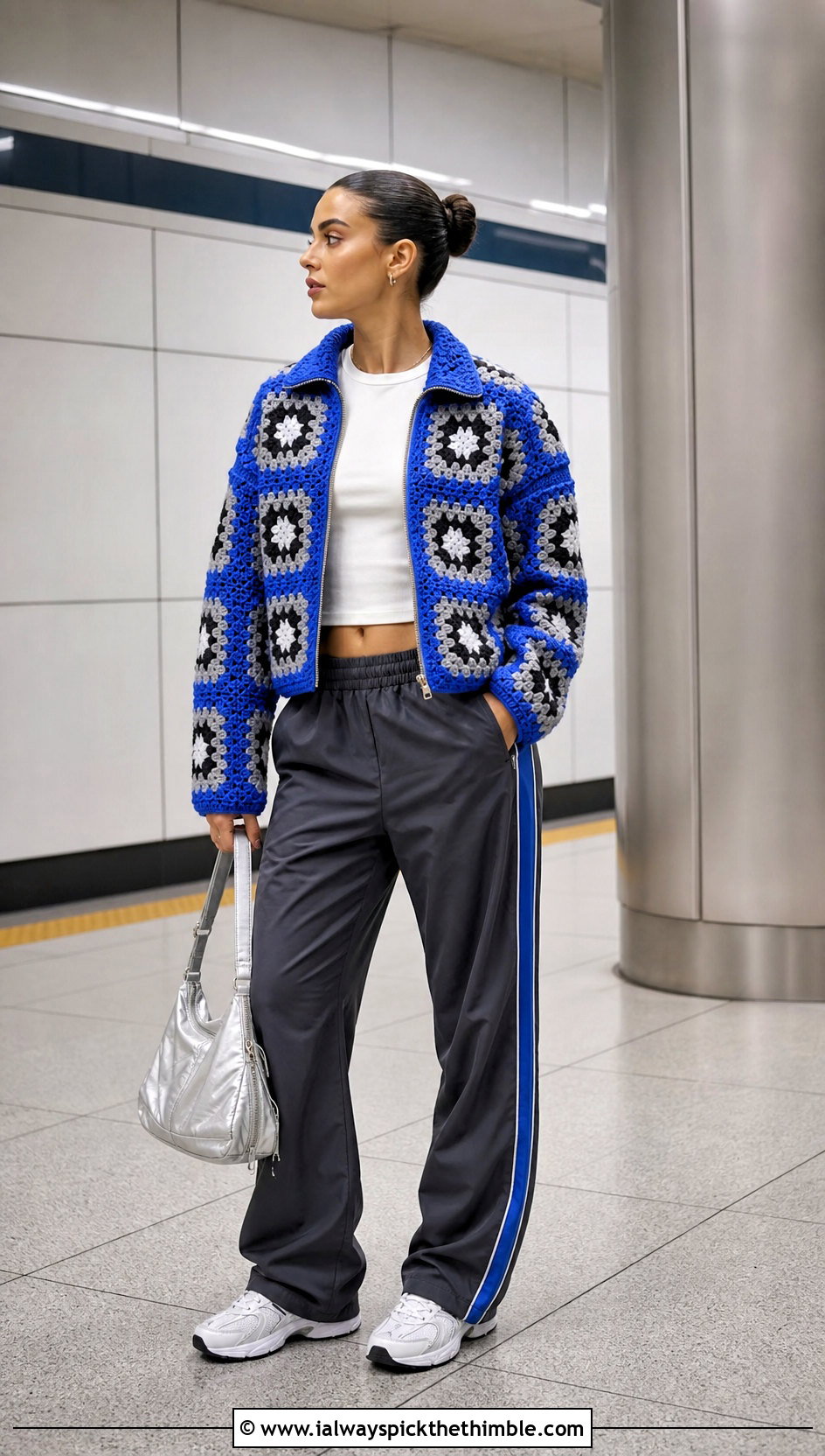 Zip Front Granny Square Jacket With Track Pants - 20 crochet granny square jacket outfit ideas