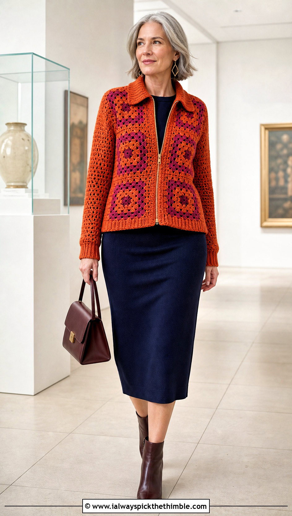 Zip Front Granny Square Sweater With Column Dress - 25 granny square sweater outfit ideas