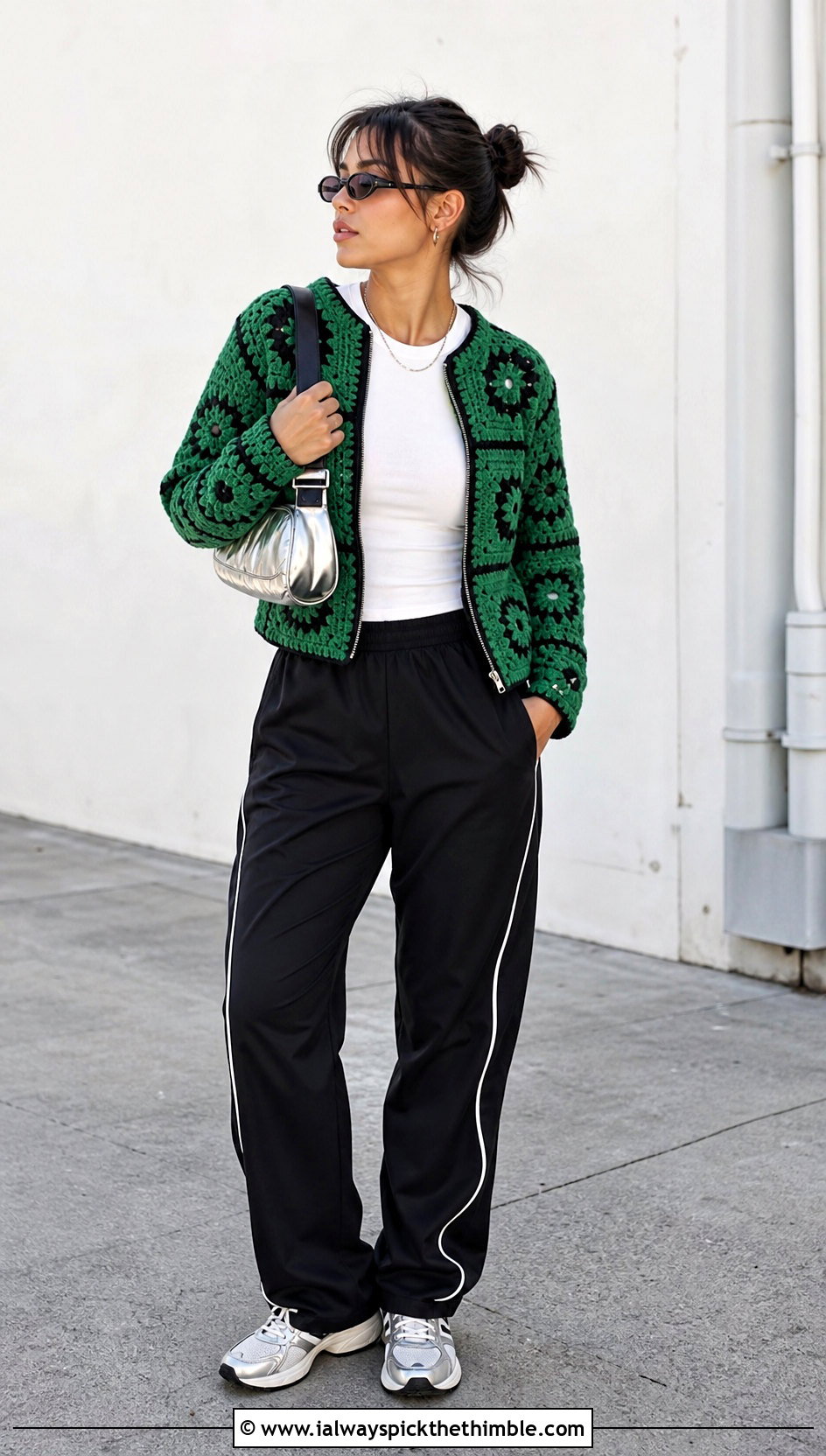 Zip Front Granny Square Sweater With Track Pants - 25 crochet granny square sweater outfit ideas