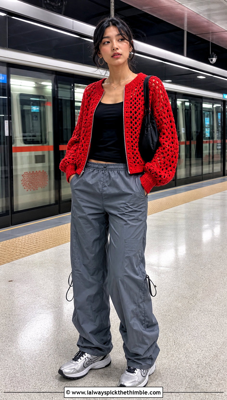 Zip Front Granny Stitch Bomber With Parachute Pants - 25 crochet granny stitch sweater outfit ideas