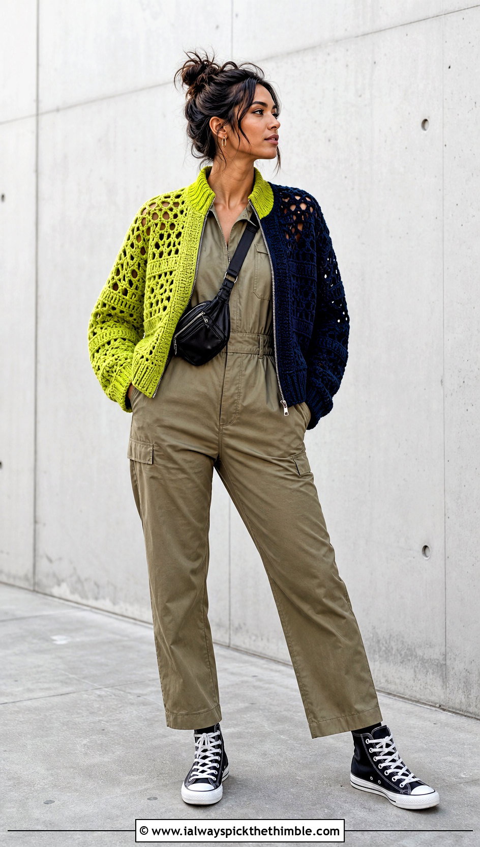 Zip Front Half And Half Crochet Cardigan With Utility Jumpsuit - 20 Half And Half Crochet Cardigan outfit ideas