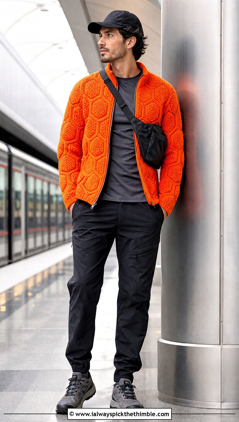 Zip Front Hexagon Cardigan With Technical Pants - 25 men hexagon crochet cardigan outfit ideas