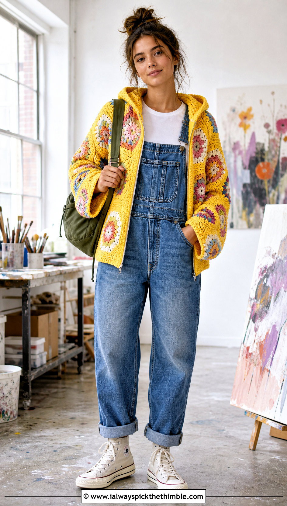 Zip Front Hexi Crochet Hoodie With Denim Overalls - 20 hexi crochet hoodie outfit ideas