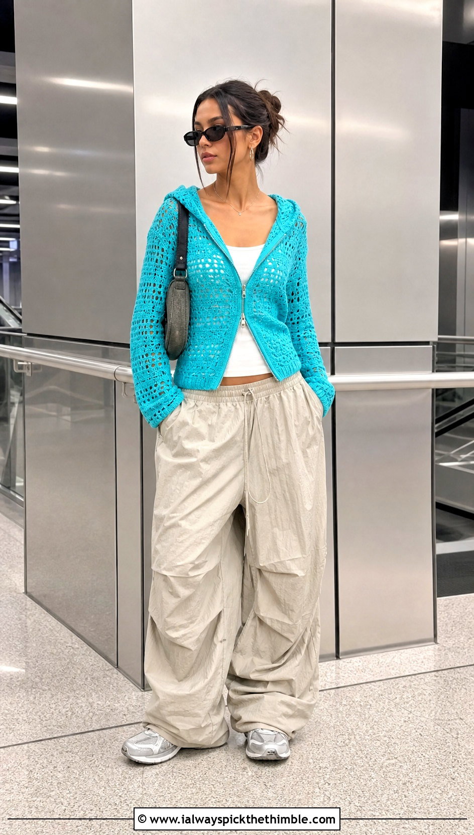 Zip Front Hooded Crochet Cardigan With Parachute Pants - 25 hooded crochet cardigan outfit ideas