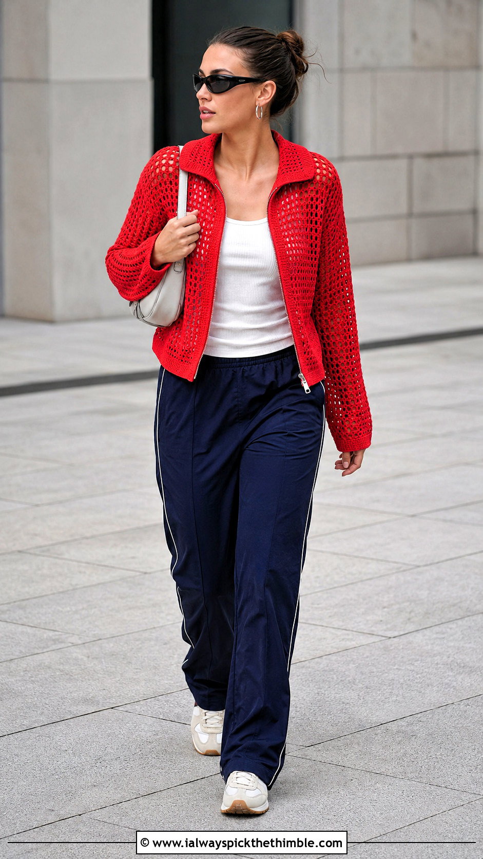 Zip Front Mesh Crochet Sweater With Track Pants - 20 mesh crochet sweater outfit ideas
