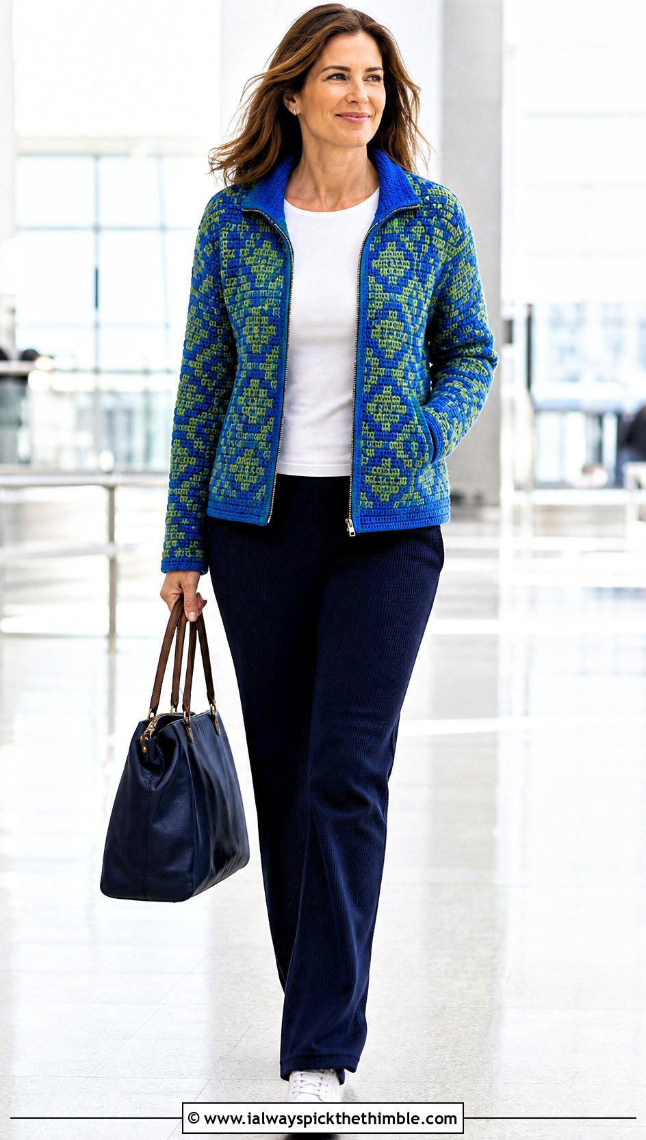 Zip Front Mosaic Crochet Sweater With Knit Pants - 20 Mosaic Crochet Sweater outfit ideas