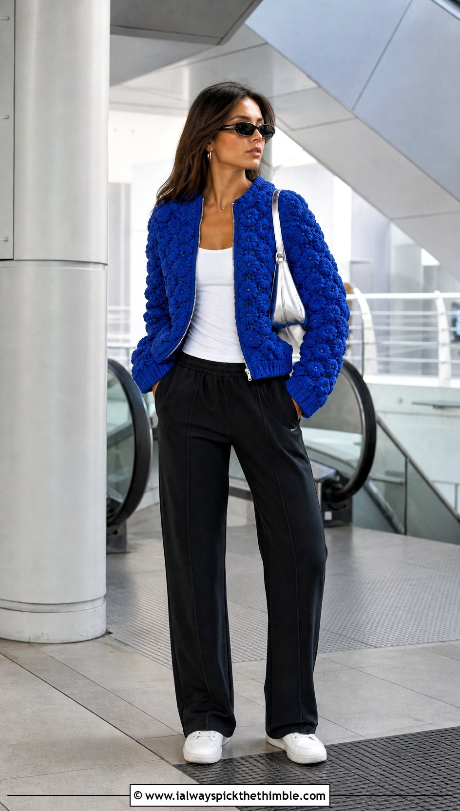 Zip Front Puff Flower Crochet Cardigan With Track Pants - 20 puff flower crochet cardigan outfit ideas