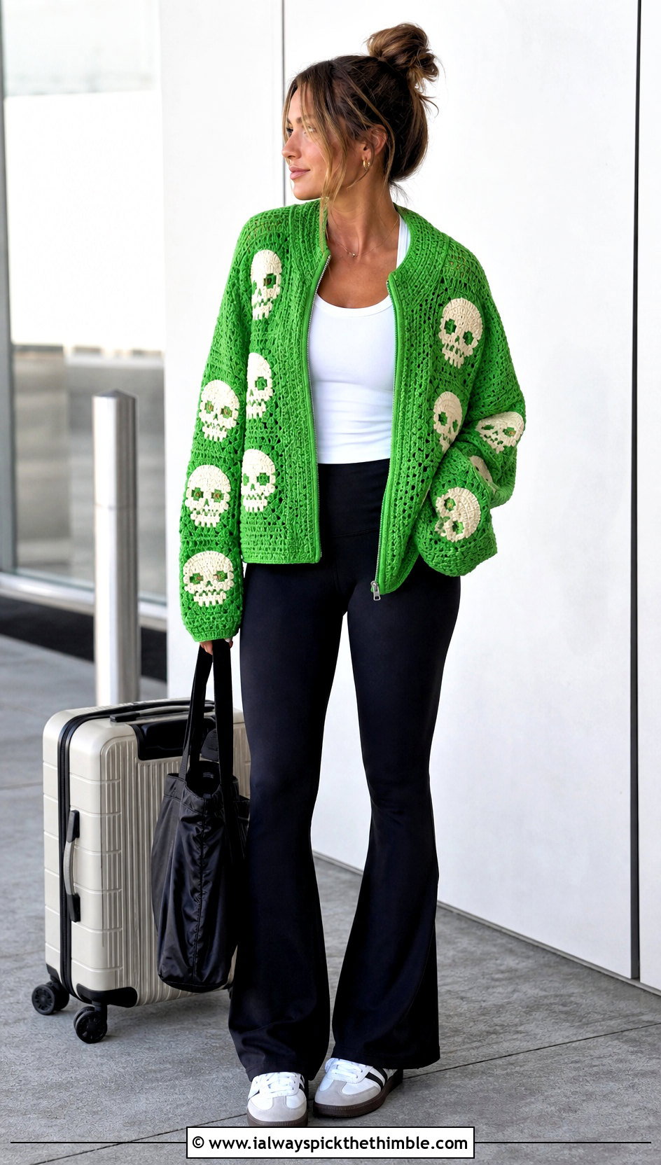 Zip Front Skull Granny Square Cardigan With Flared Leggings - 20 skull granny square cardigan outfit ideas