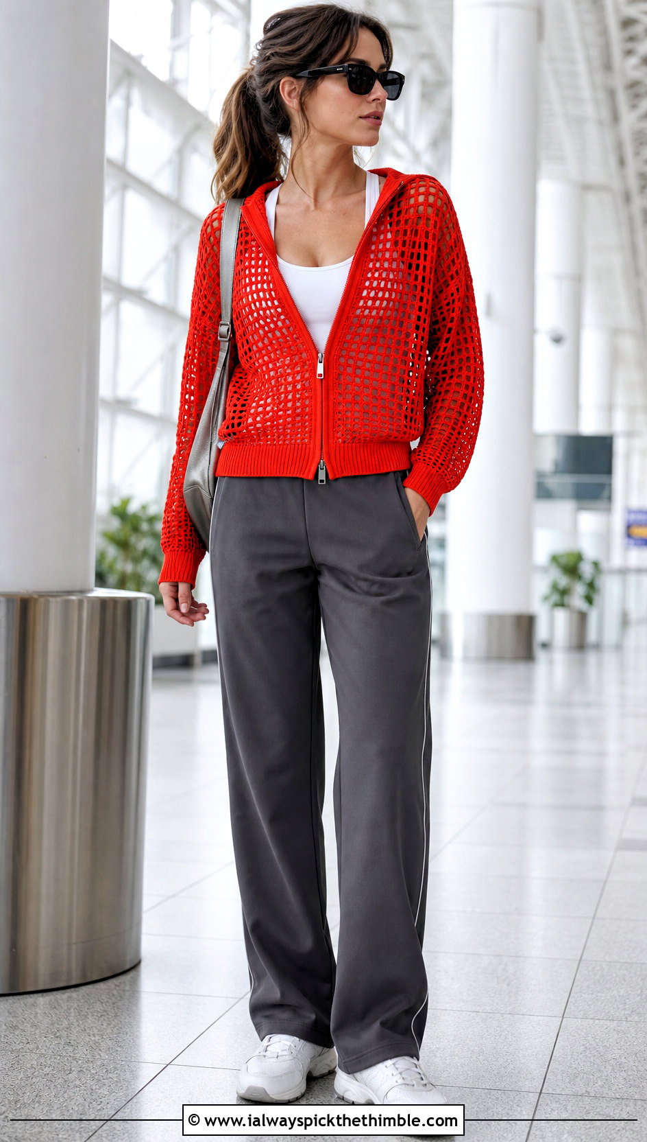 Zip Front Sporty Filet Crochet Cardigan With Track Pants - 20 filet crochet cardigan outfit ideas