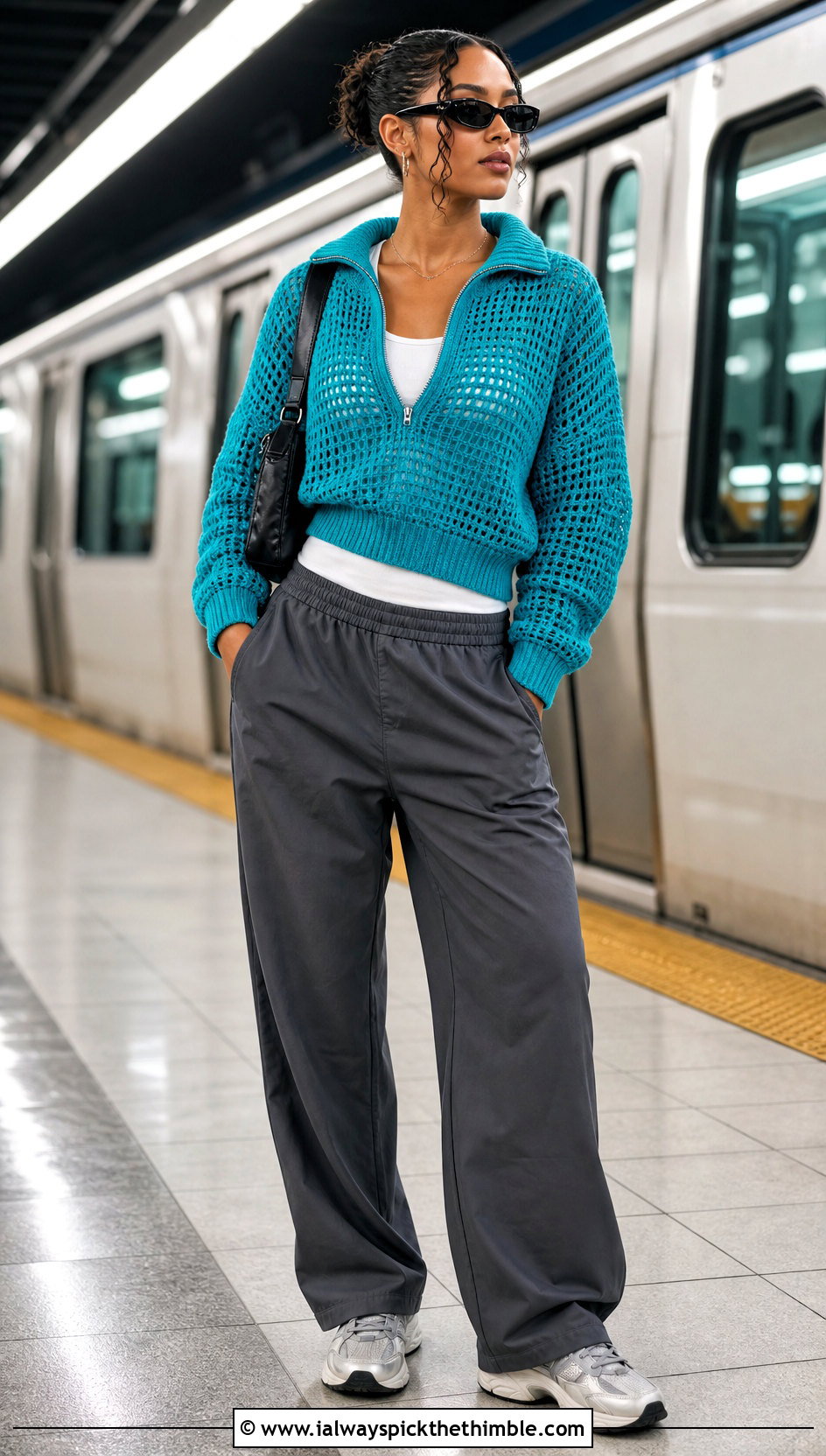 Zip Neck Crochet Cotton Jumper With Track Pants - 15 Crochet Cotton Jumper outfit ideas