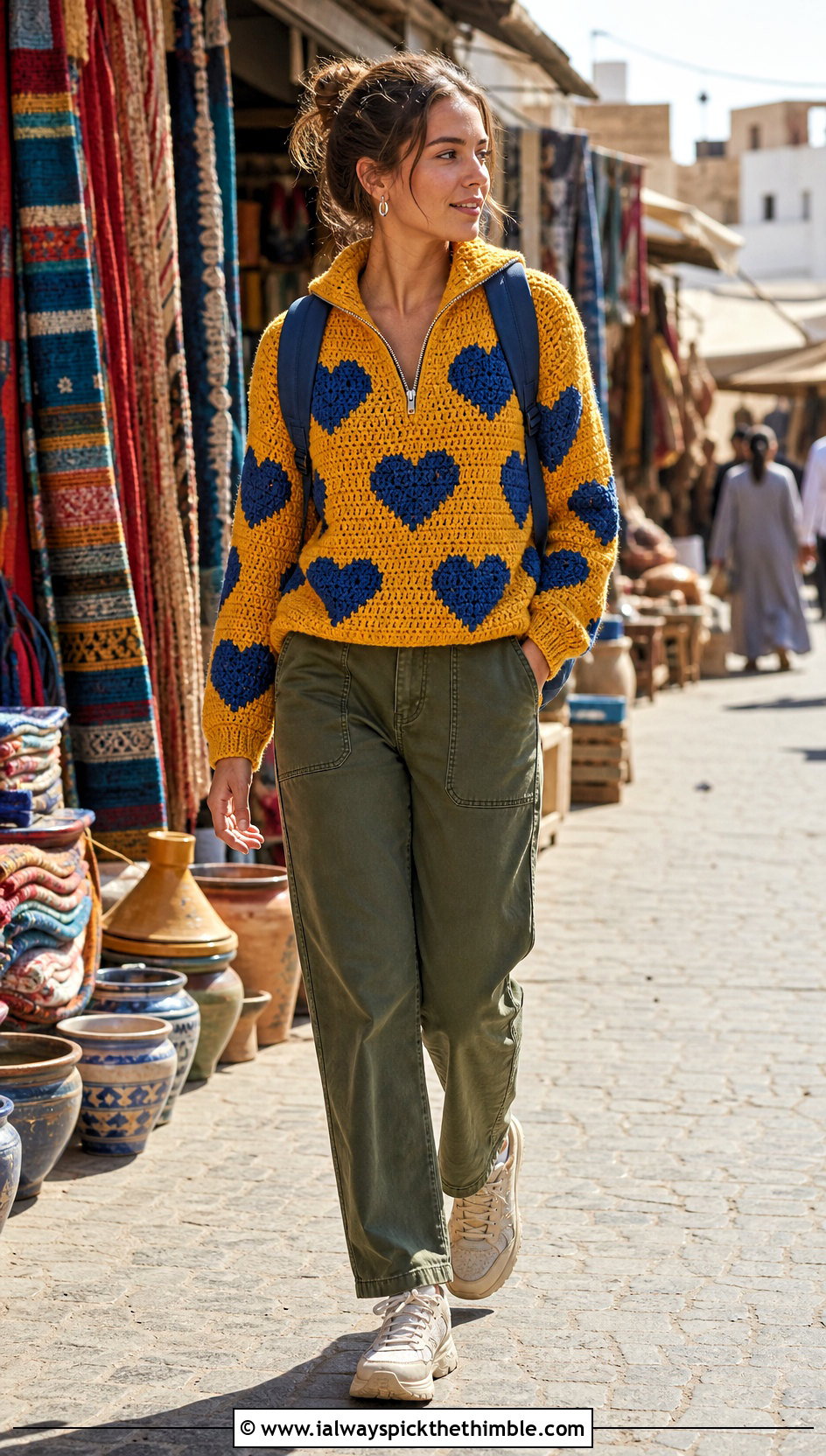 Zip Neck Crochet Heart Jumper With Utility Pants - 20 crochet heart jumper outfit ideas