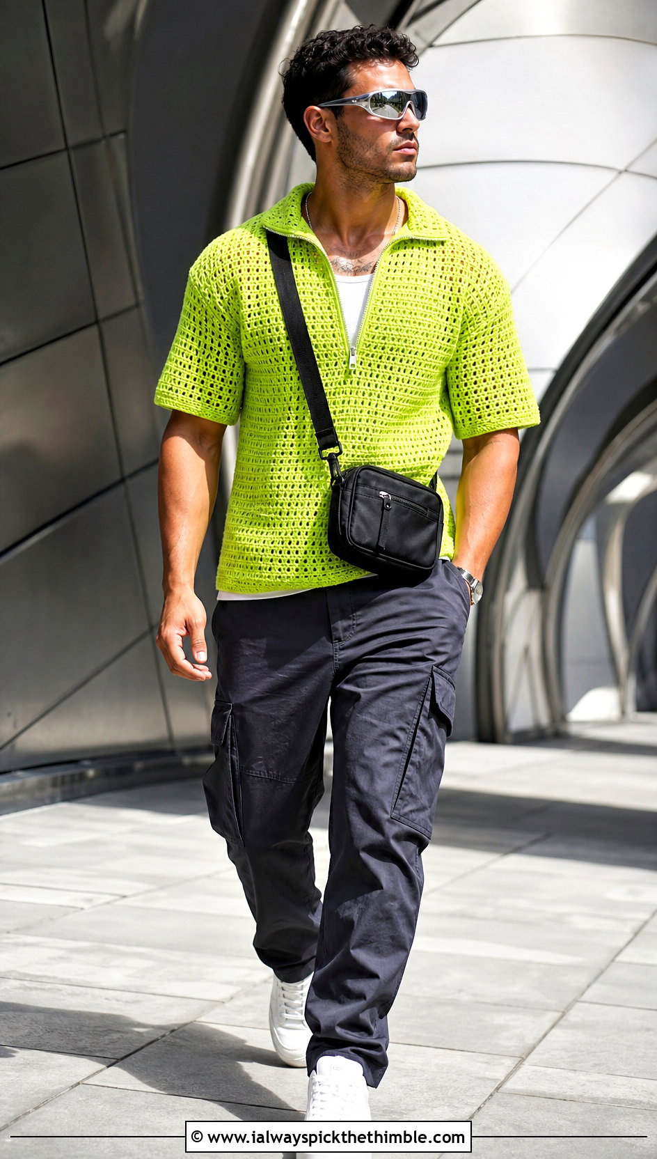 Zip Neck Crochet Shirt With Technical Cargo Pants - 25 crochet man shirt outfit ideas