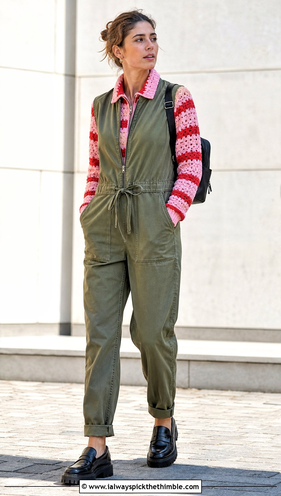 Zip Neck Crochet Striped Sweater With Utility Jumpsuit - 15 Crochet Stripped Sweater outfit ideas