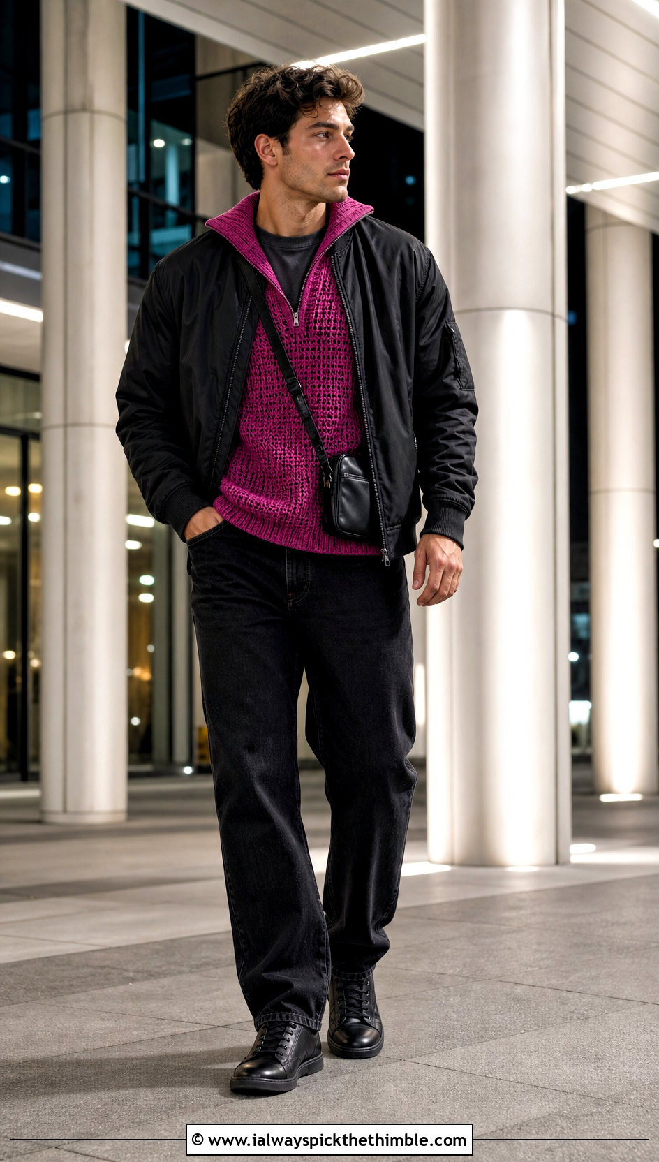 Zip Neck Crochet Sweater With Black Denim - 20 man crochet sweater outfit ideas