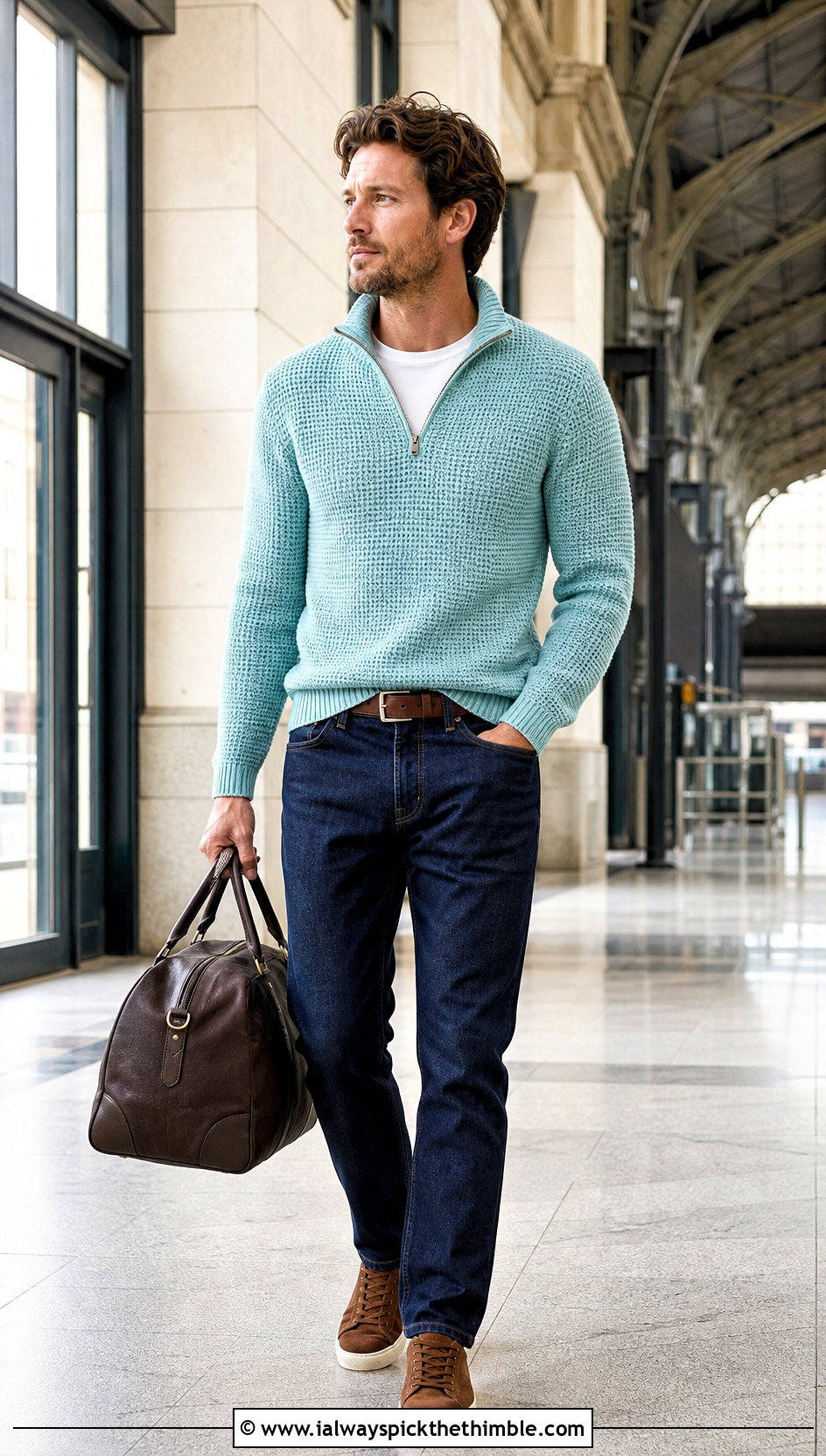 Zip Neck Crochet Sweater With Dark Denim - 20 male crochet sweater outfit ideas