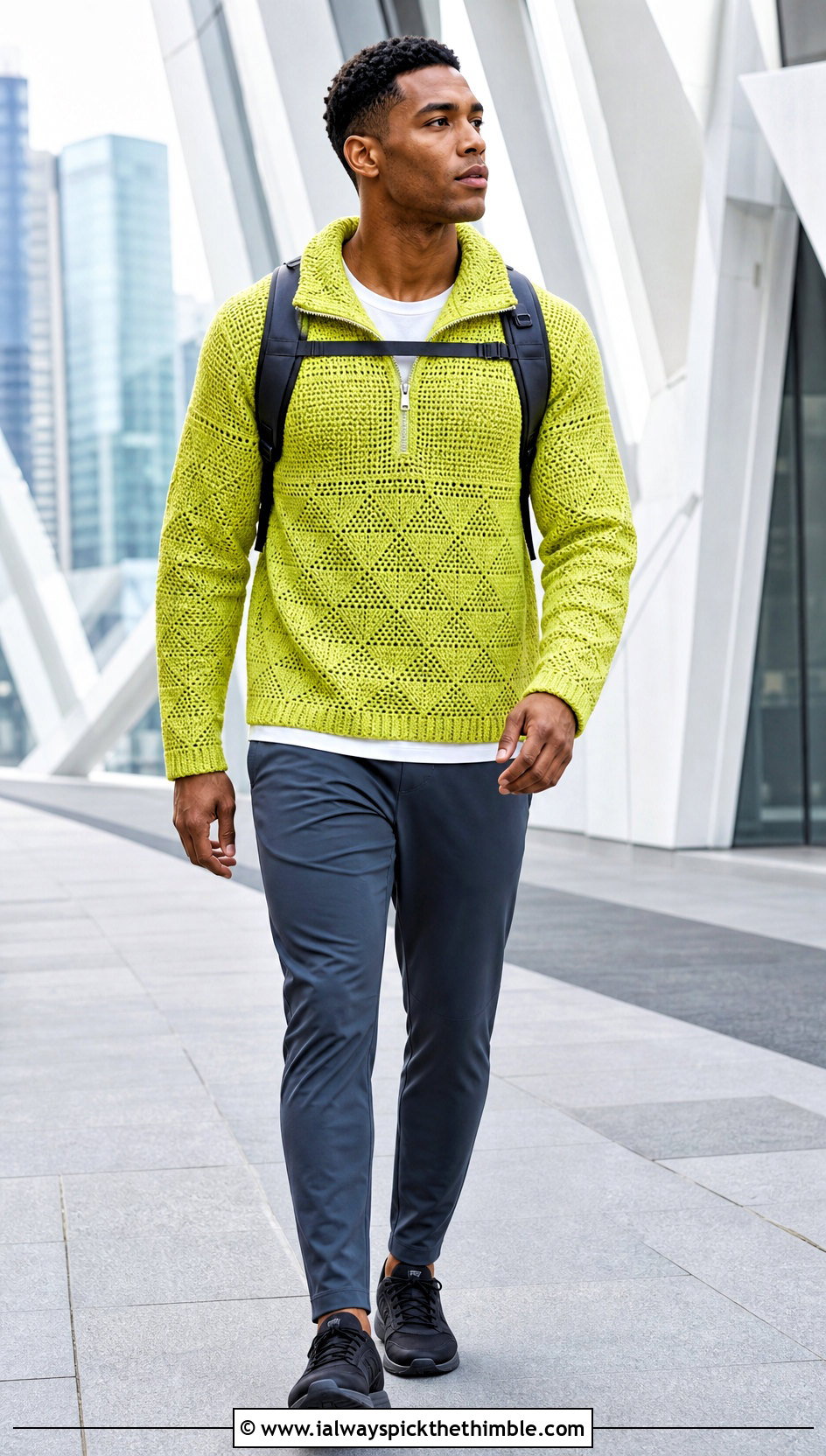 Zip Neck Crochet Sweater With Technical Pants - 25 men crochet sweater outfit ideas