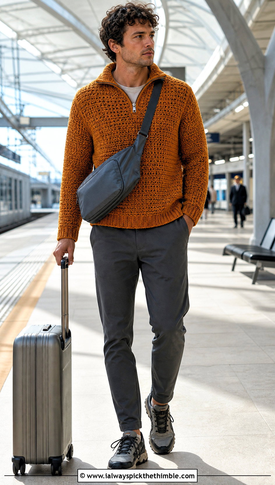 Zip Neck Crochet Sweater With Technical Pants - 25 crochet sweater for men outfit ideas
