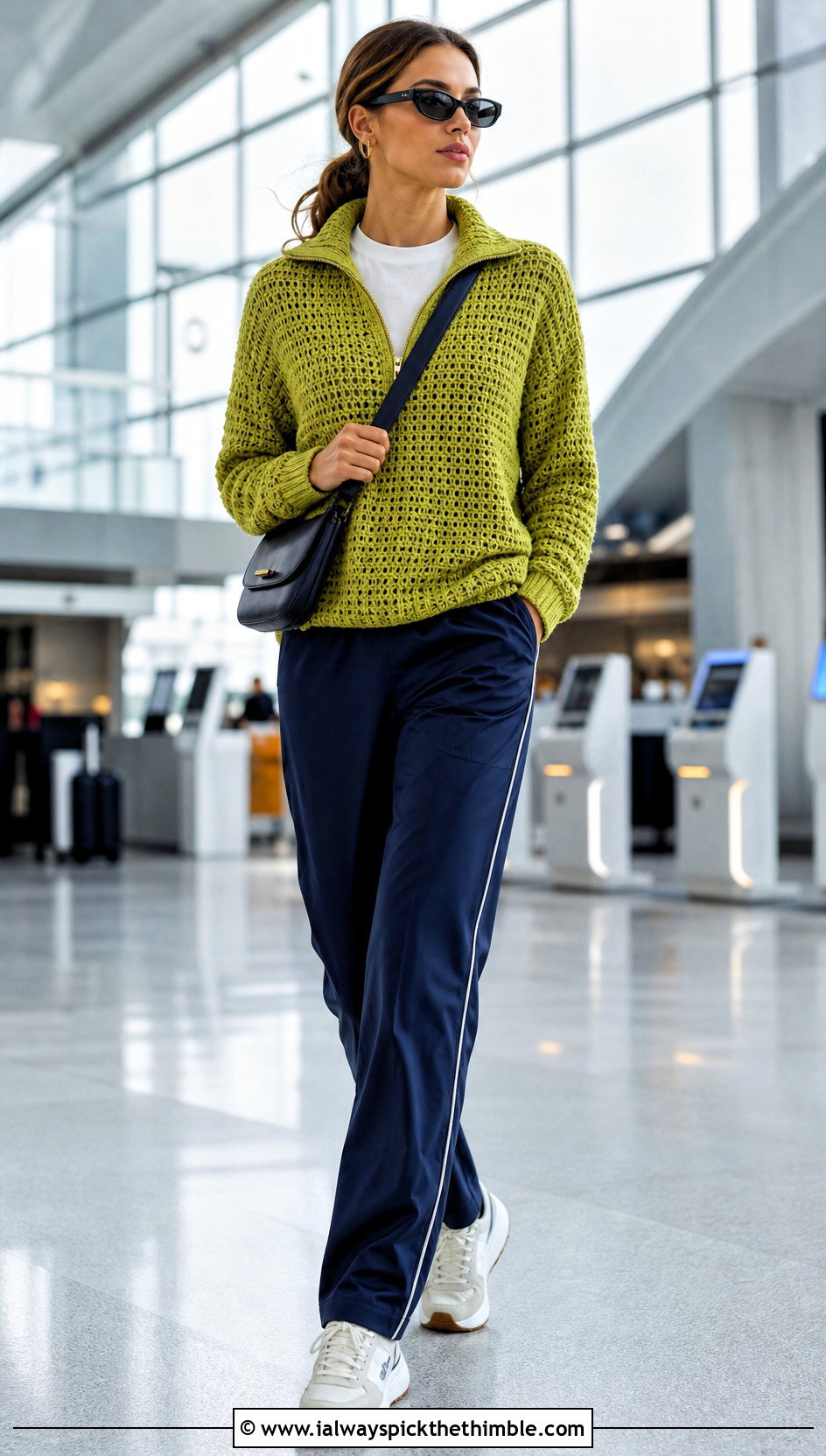 Zip Neck Crochet Sweater With Track Pants - 25 colorful crochet sweater outfit ideas