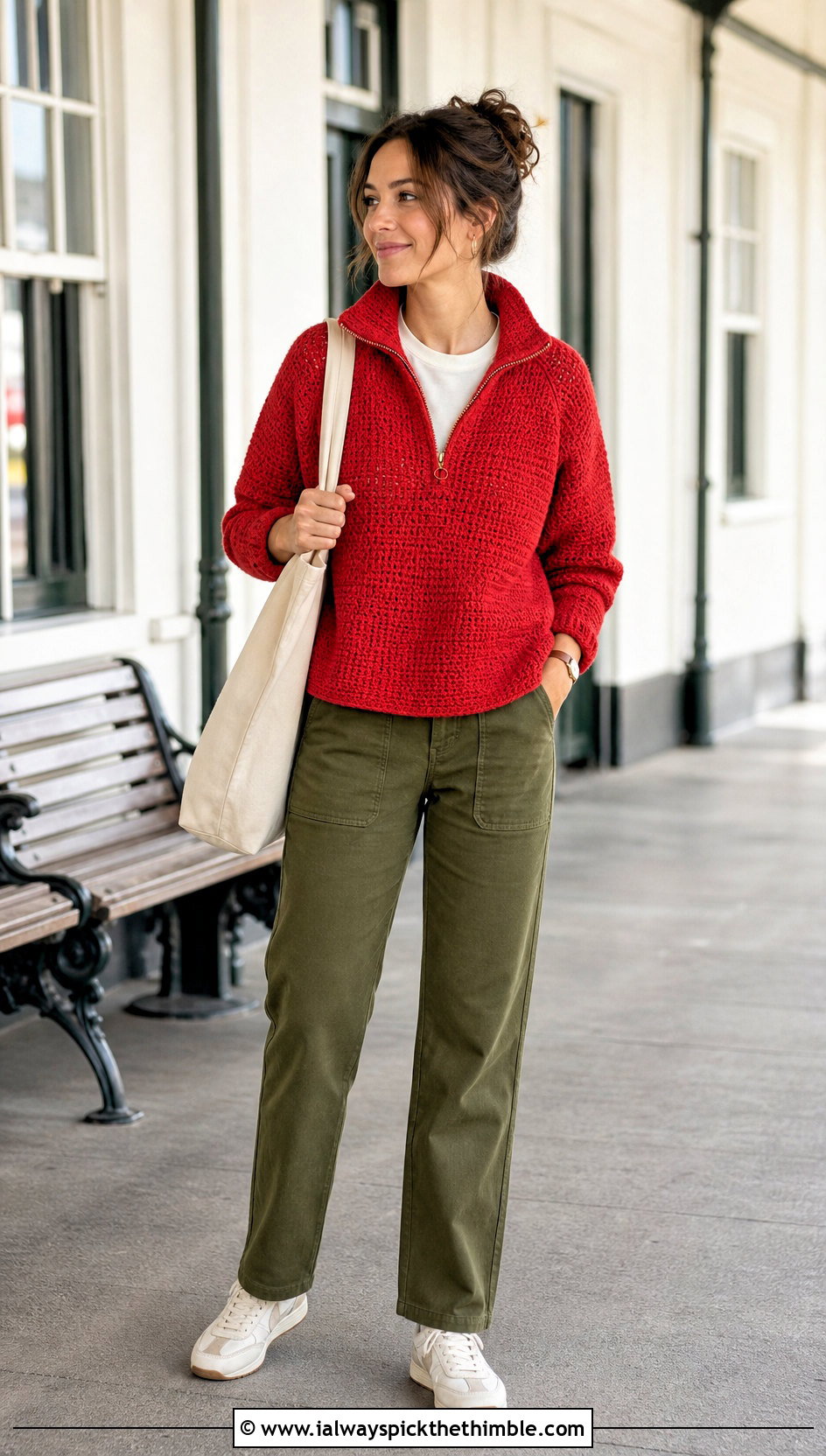 Zip Neck Crochet Sweater With Utility Pants - 20 Womens Crochet Sweater outfit ideas