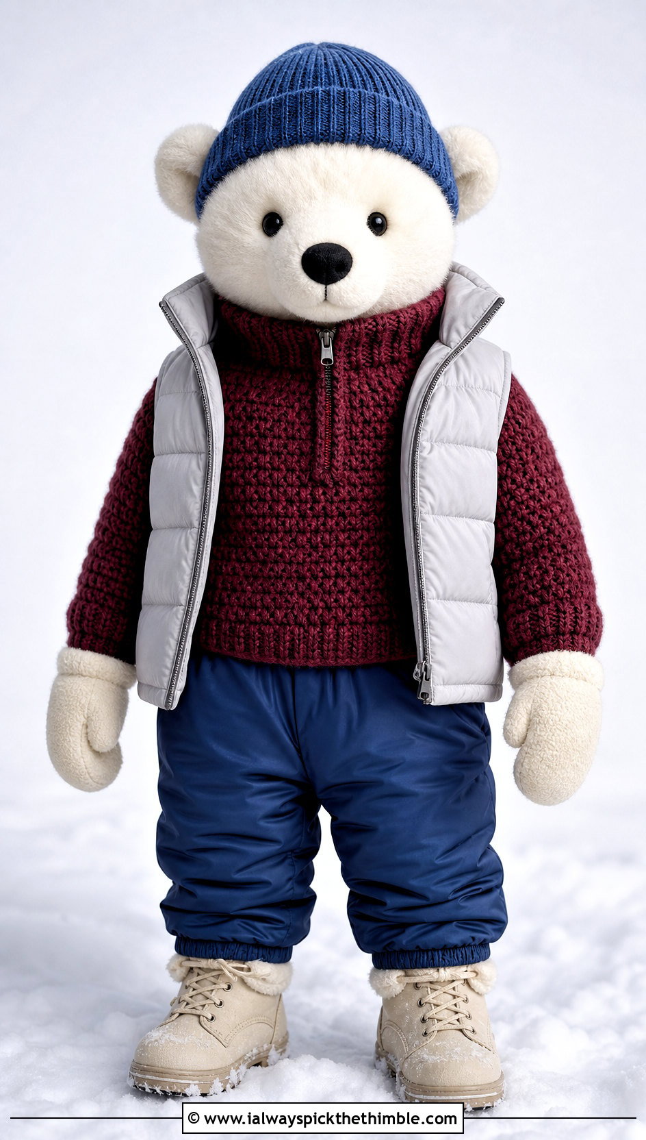Zip Neck Crochet Toy Sweater With Puffer Vest And Snow Pants - 20 Crochet Sweater For Toy outfit ideas