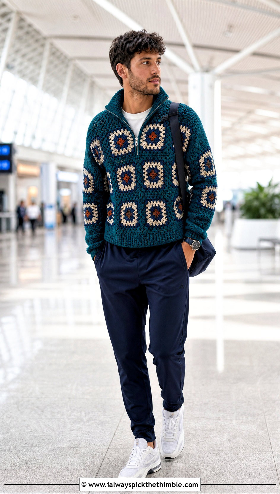 Zip Neck Granny Square Sweater With Track Pants - 20 Crochet Granny Square Sweater For Men outfit ideas