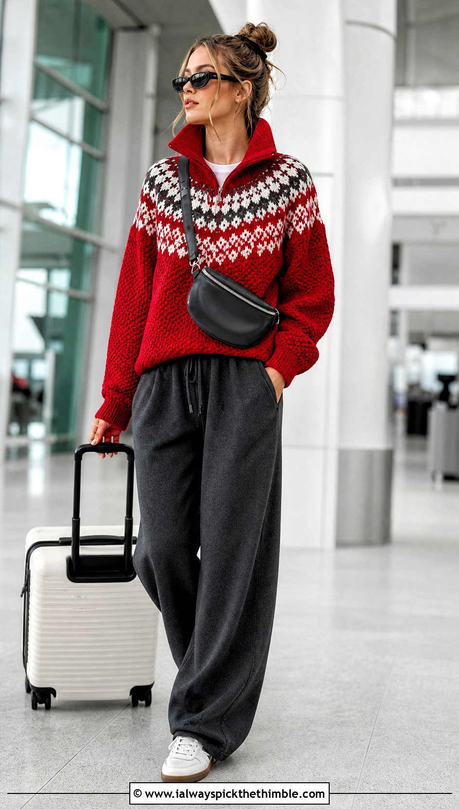 Zip Neck Norwegian Crochet Sweater With Wide Leg Joggers - 20 Norwegian Crochet Sweater outfit ideas