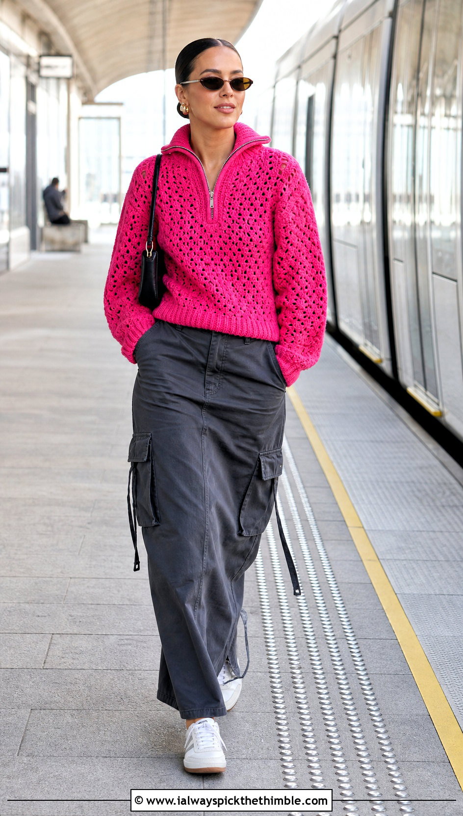 Zip Neck Pink Crochet Sweater With Cargo Maxi Skirt - 25 pink crochet sweater outfit ideas