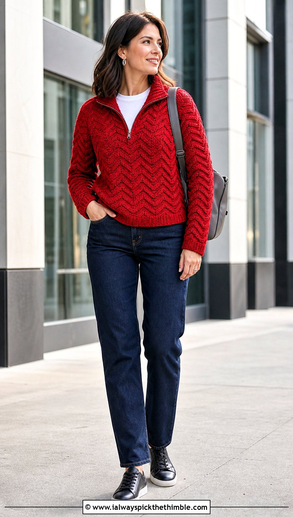 Zip Neck Ripple Crochet Sweater With Dark Wash Jeans - 20 Ripple Crochet Sweater outfit ideas