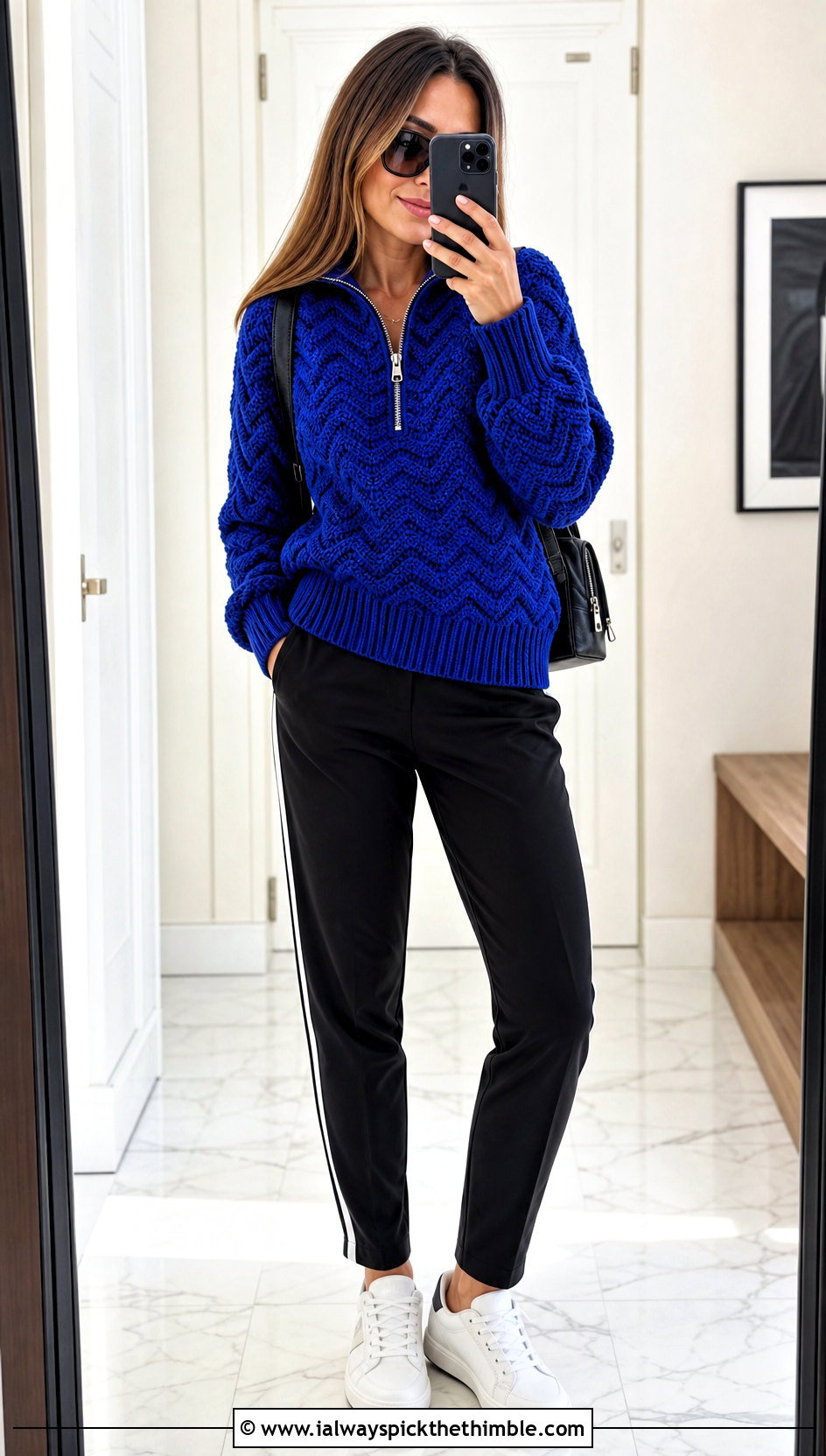 Zip Neck Ripple Sweater With Track Pants - 20 crochet ripple sweater outfit ideas