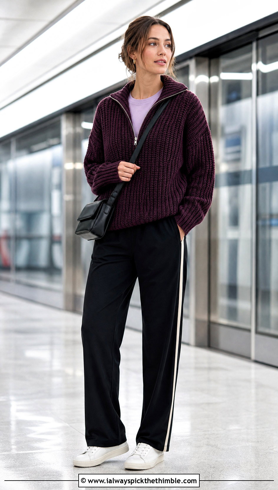 Zip Neck Triple Crochet Sweater With Track Pants - 20 Triple Crochet Sweater outfit ideas