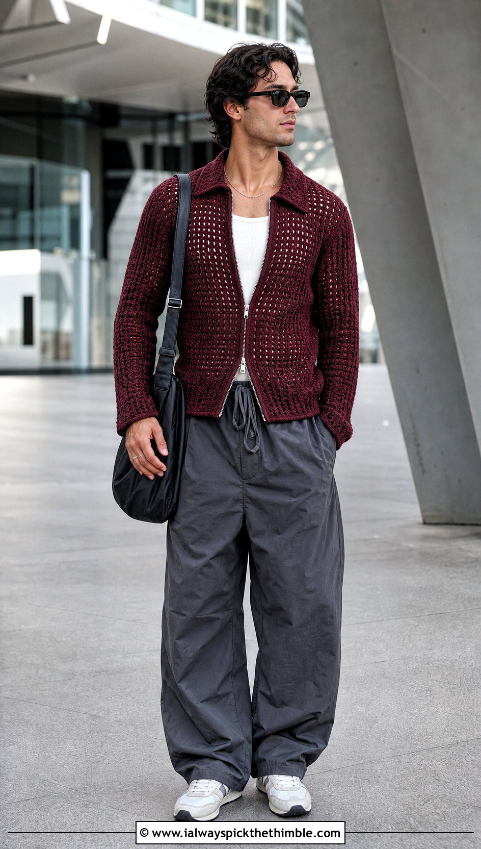 Zip Up Crochet Cardigan With Parachute Pants - 25 crochet outfits for men outfit ideas