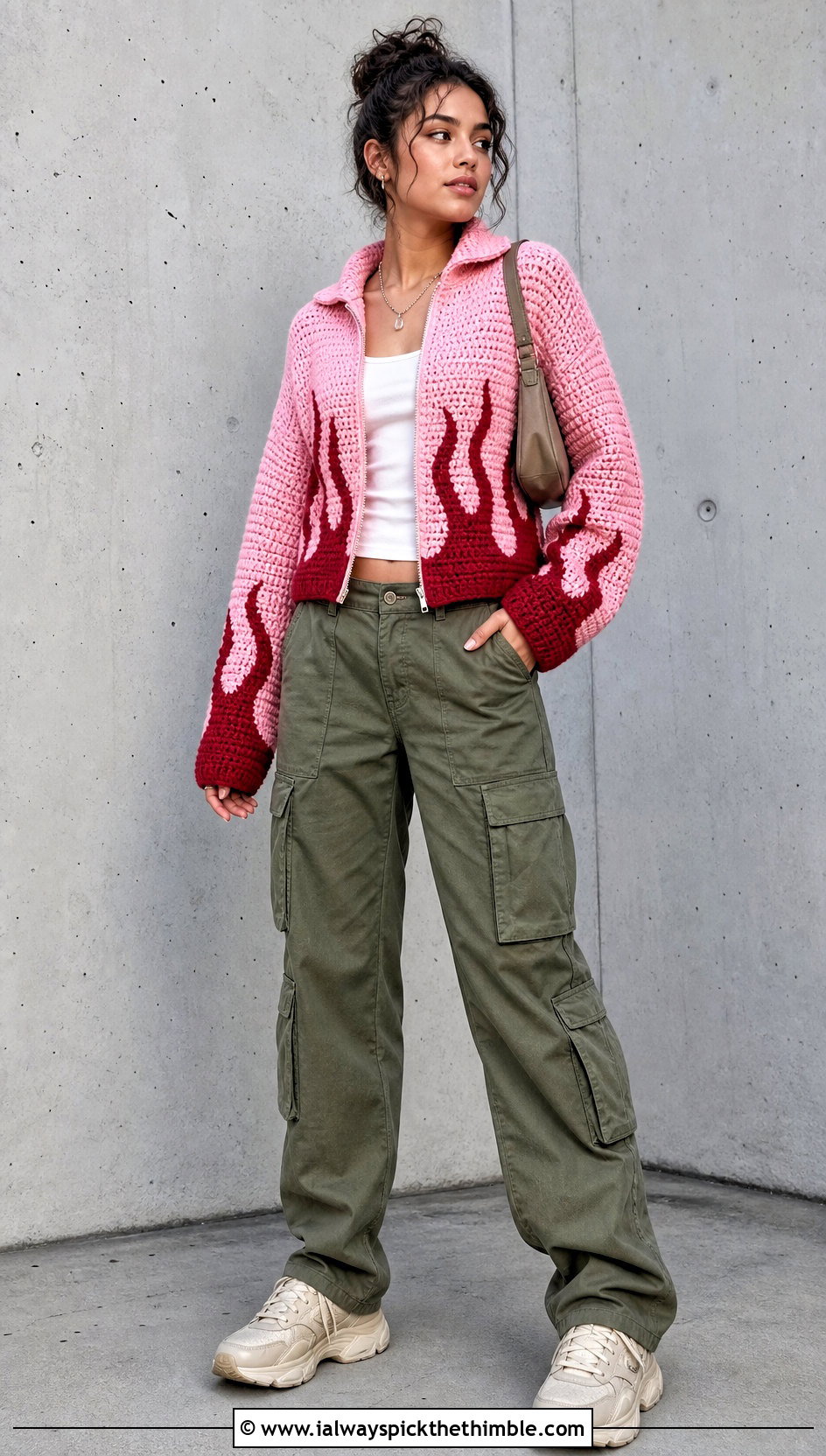 Zip Up Crochet Fire Sweater With Cargo Pants - 20 Crochet Fire Sweater outfit ideas