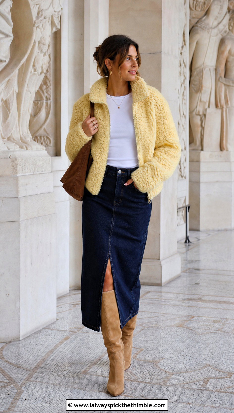 Zip Up Crochet Fur Jacket With Denim Midi Skirt - 20 crochet fur jacket outfit ideas