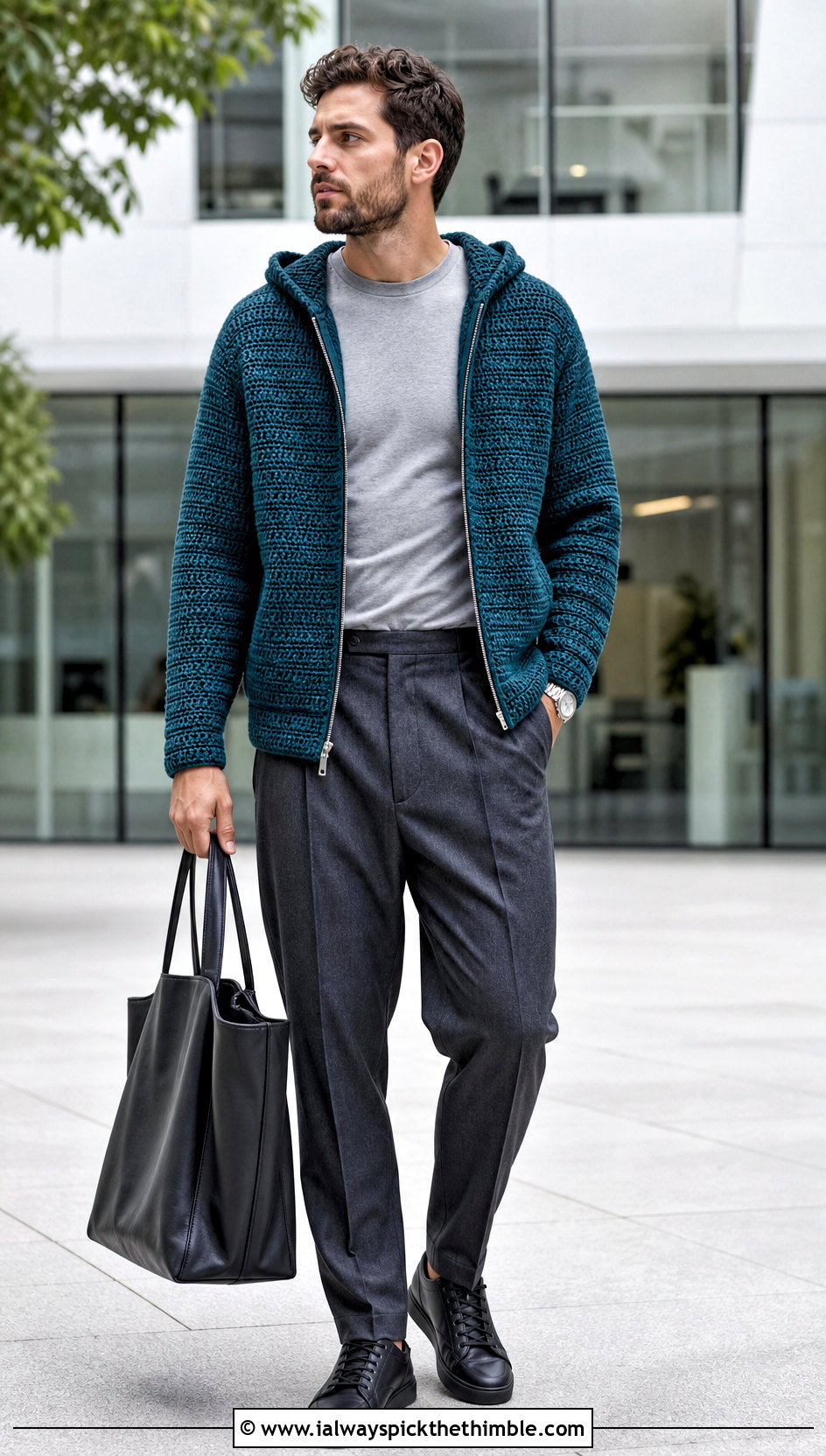 Zip Up Crochet Hoodie With Tailored Trousers - 25 crochet hoodie for men outfit ideas