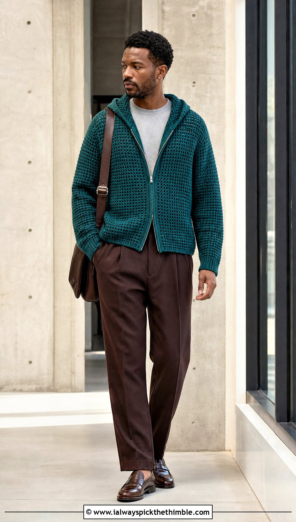 Zip Up Crochet Hoodie With Tailored Trousers - 20 Crochet Hoodie Men outfit ideas