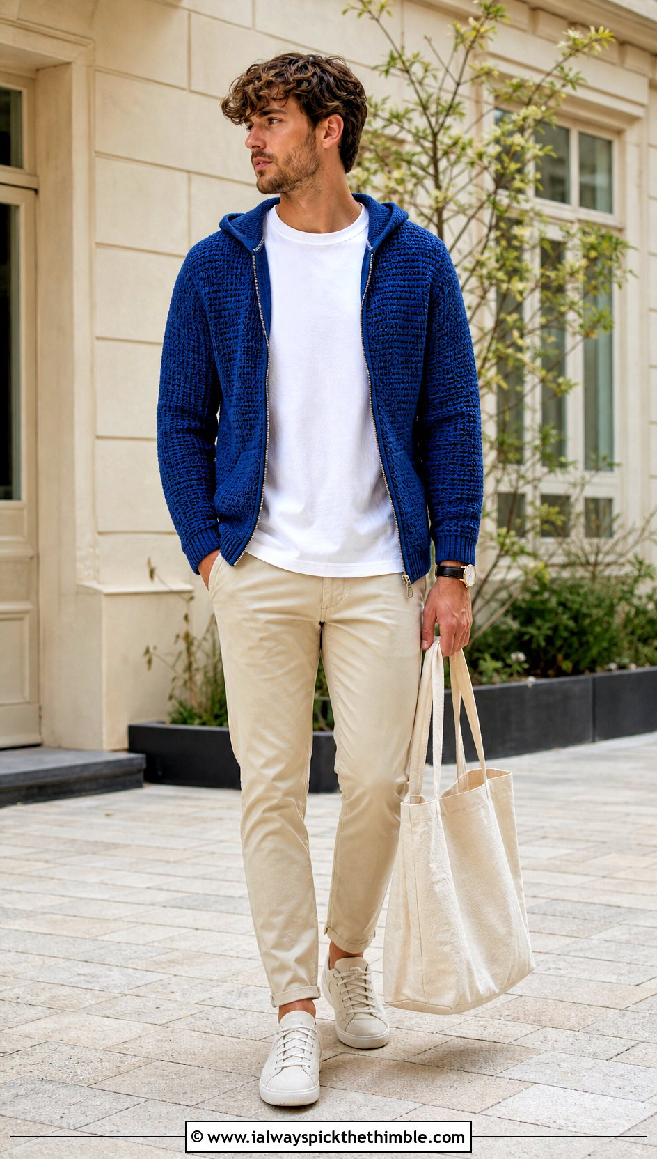 Zip Up Crochet Hoodie With White T Shirt And Chinos - 20 crochet mens hoodie outfit ideas