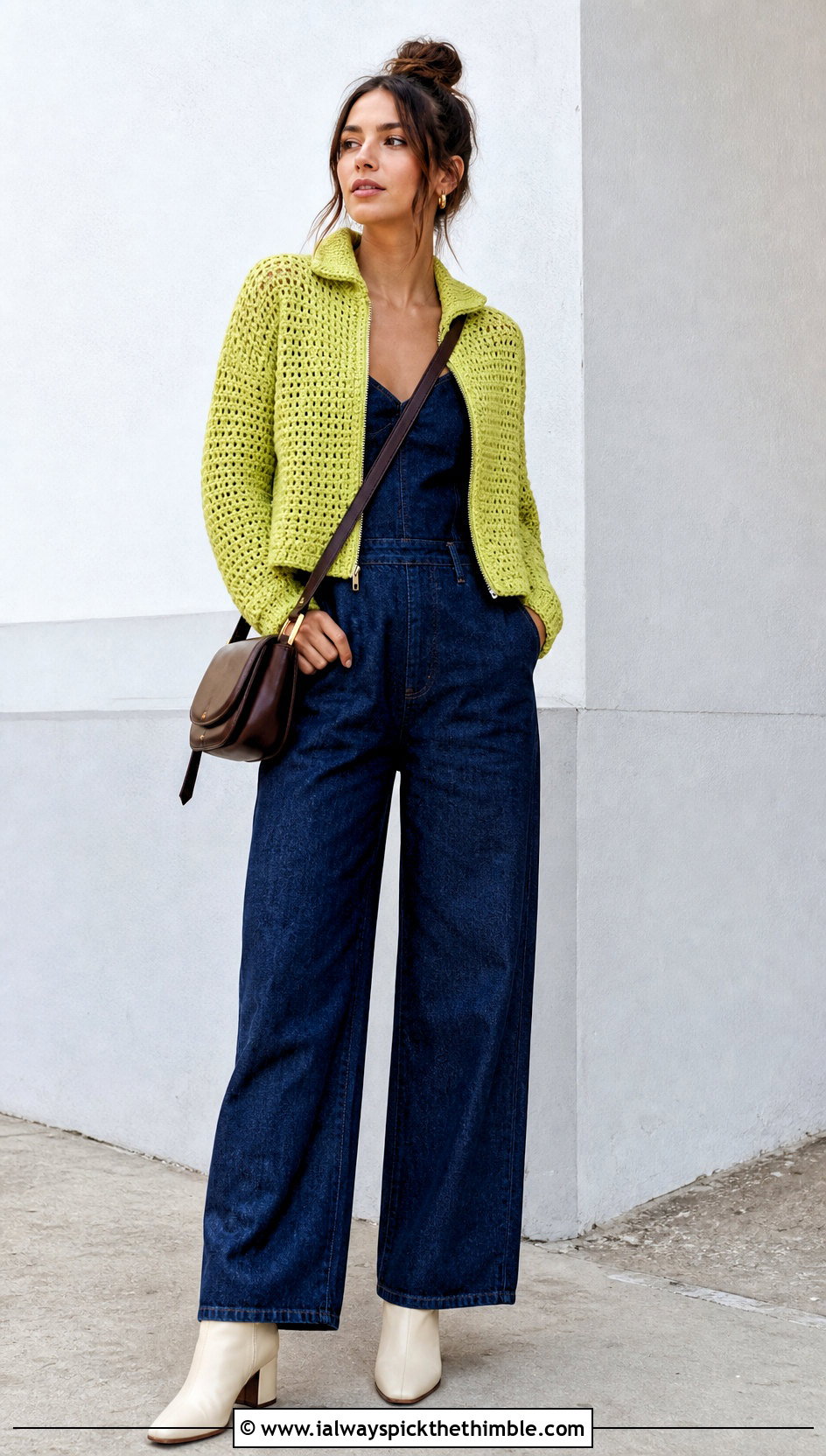 Zip Up Crochet Sweater Jacket With Denim Jumpsuit - 20 Crochet Sweater Jacket outfit ideas