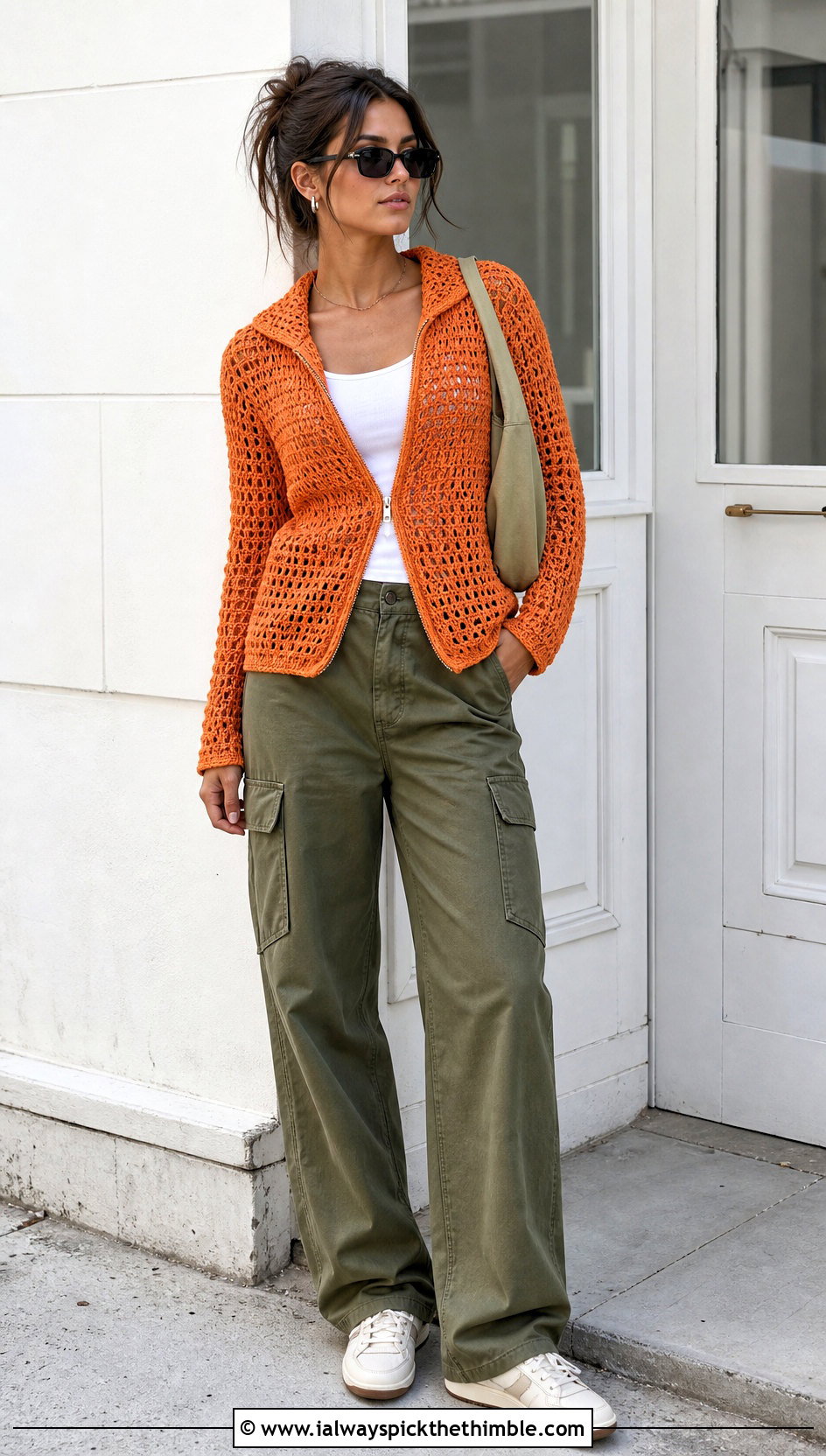 Zip Up Crochet Sweater With Cargo Pants - 25 crochet sweater design for women outfit ideas