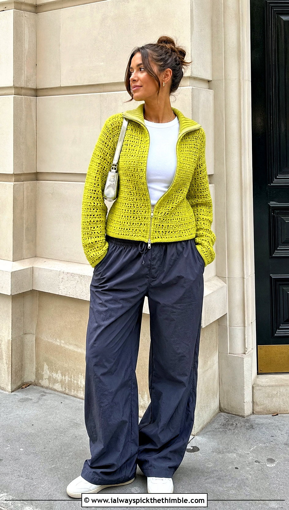 Zip Up Crochet Sweater With Parachute Pants - 25 fall crochet sweater outfit ideas