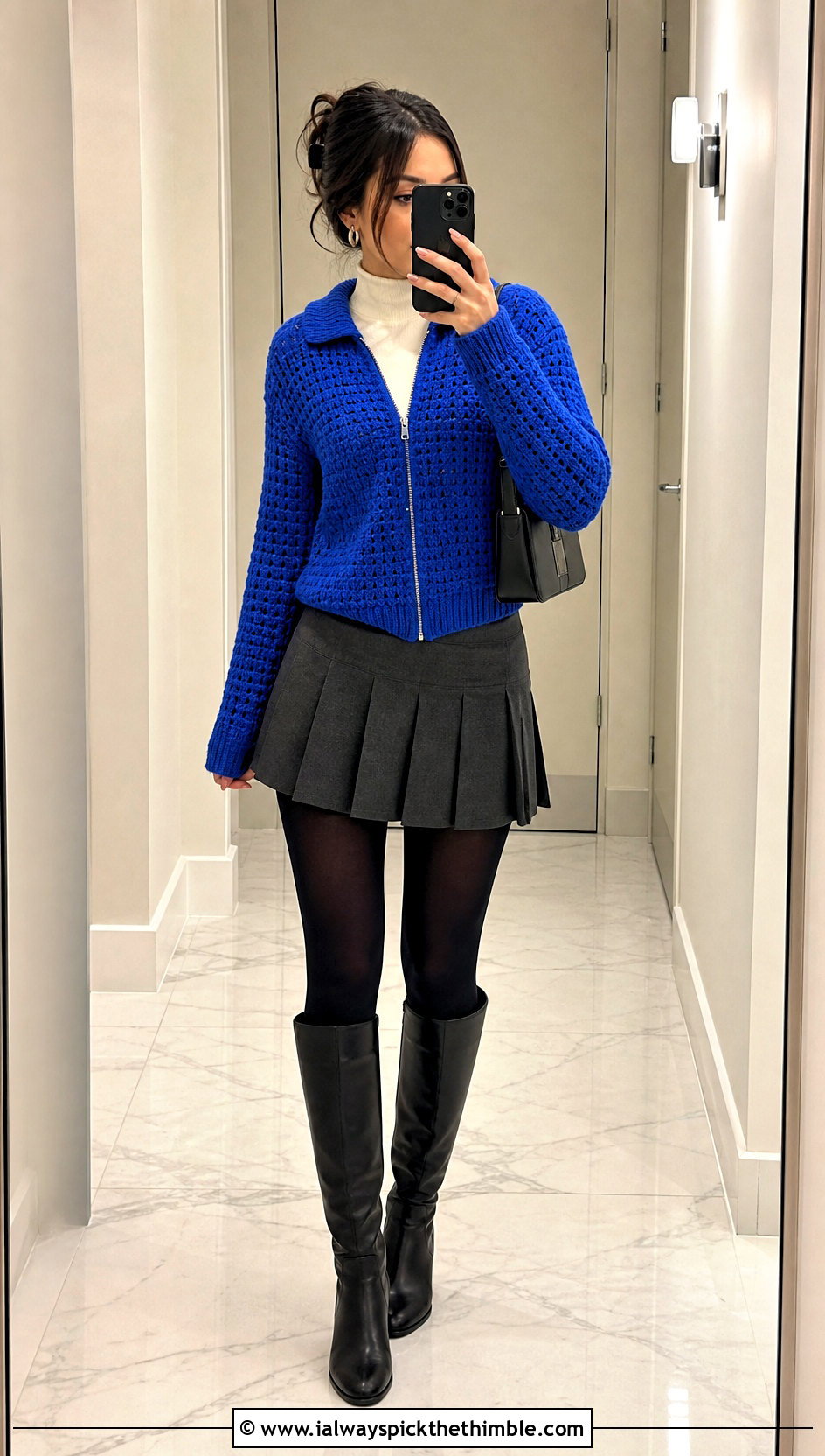 Zip Up Crochet Sweater With Pleated Mini Skirt - 20 fall crochet sweaters outfit ideas