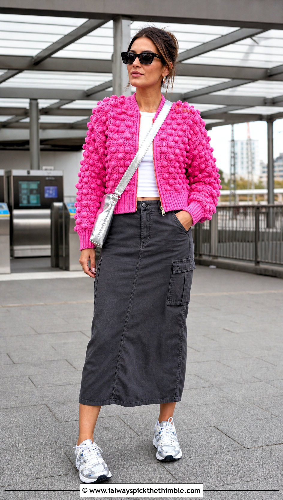 Zip Up Pink Crochet Pom Pom Sweater With Utility Midi Skirt - 15 pink crochet sweater with pom poms outfit ideas