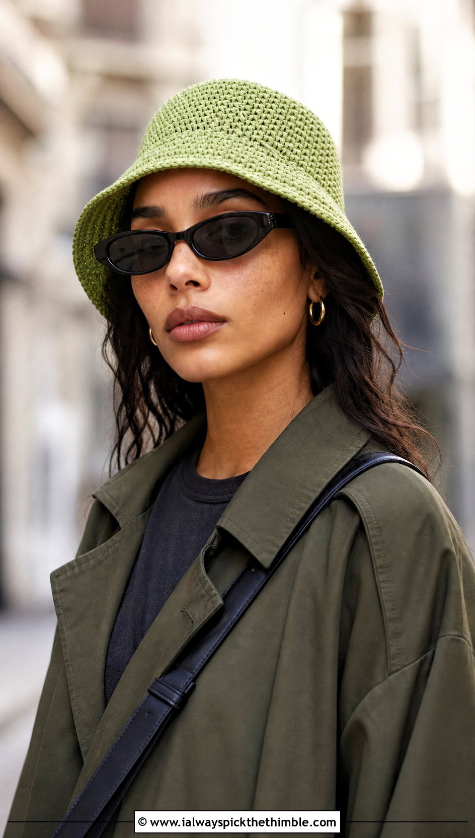 Zoe Kravitz Wasabi Crochet Bucket Hat With Trench Coat - 20 celebrity crochet outfits ideas