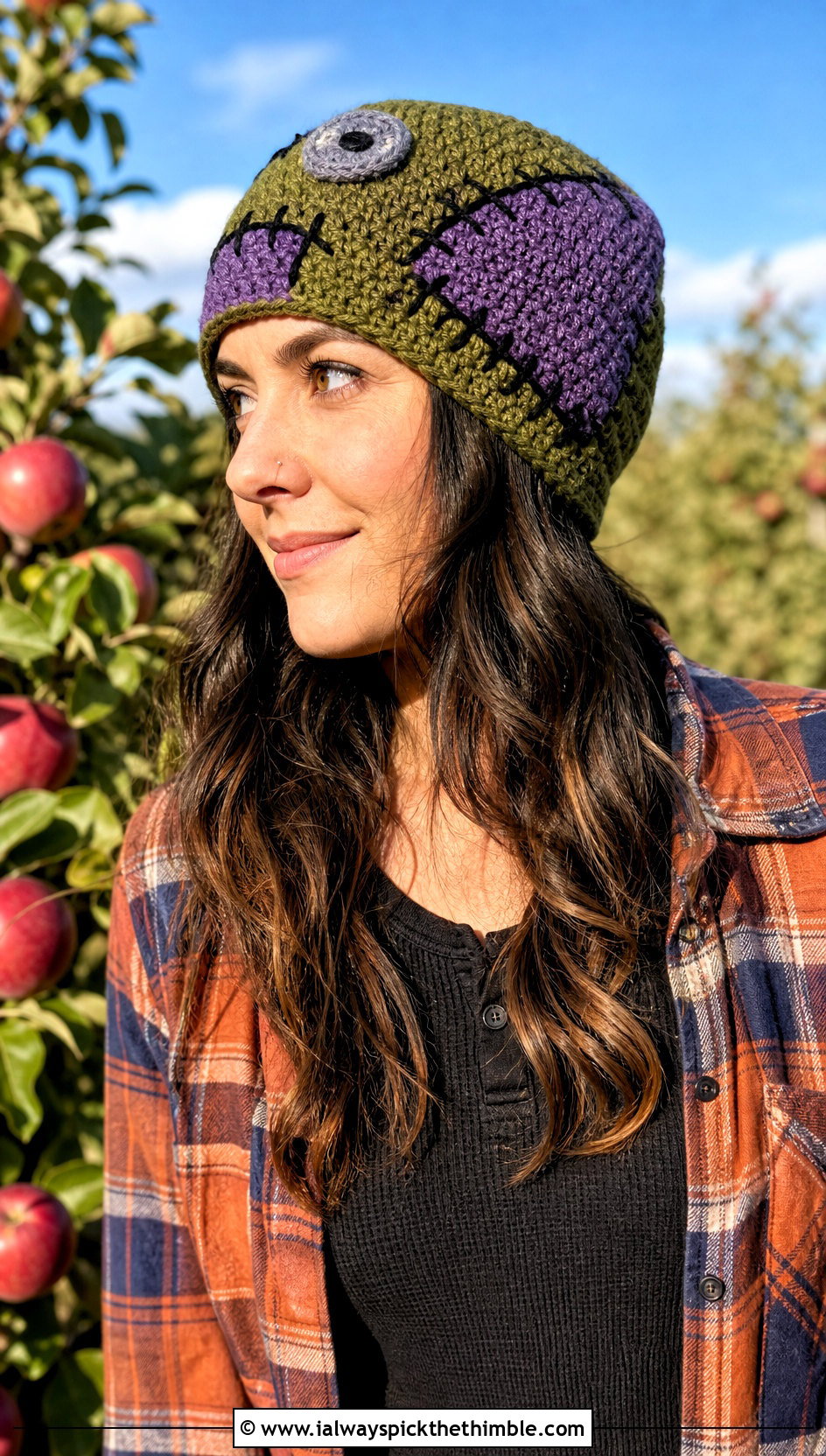 Zombie Patchwork Crochet Beanie With Flannel Shirt - 20 Halloween Crochet Beanies outfit ideas